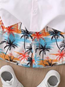 Toddler Boys' Spring/Summer Short Sleeve Shirt And Matching Allover Print Shorts 2-Piece Set, White Base With Orange, Blue And Palm Tree Prints, Suitable For Daily Outings, Beach Vacations, And Family Outings - White - View 8