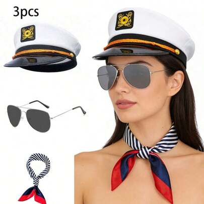 3 st/set kaptenshatt, randig halsduk, glasögon, sjömansstil fest cosplay tillbehör till halloween