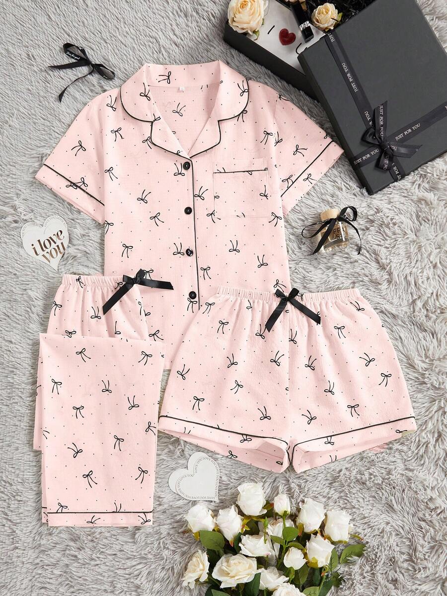 3pcs/Set Piyama Wanita Kasual Longgar dengan Pita, Motif Polkadot, Saku, Kancing Depan, Lengan Pendek, Atasan dan Celana Pendek/Celana Panjang, Musim Semi/Panas - Baby Pink - View 1