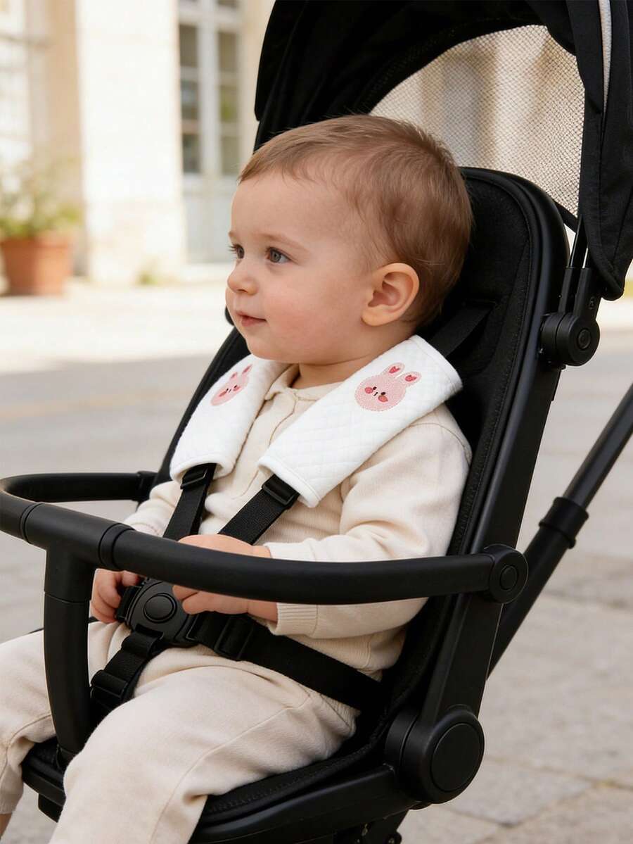 1 Pair Upgraded Cartoon Shoulder Pads, Baby Stroller Accessories Soft Breathable Shoulder Pads, Cute Bear Design, All Season Stroller Shoulder Cushion, Anti-Chafing, Baby Travel Essential - Bunny - View 1