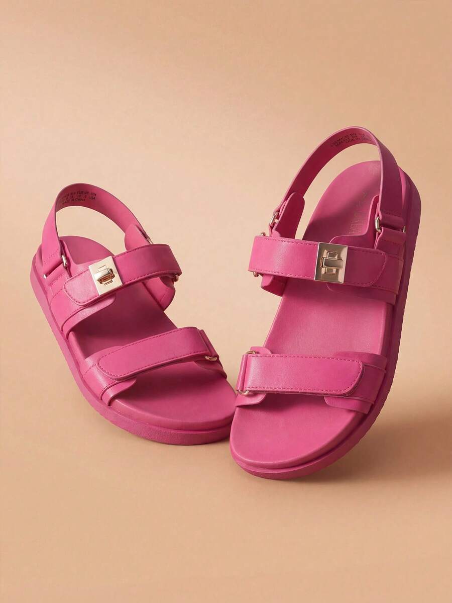 Flat Sandals For Women Comfortable Open Toe Summer Sandals Adjustable Fashion Cute Casual Sandals Shoes - 玫紅色 - 查看 1