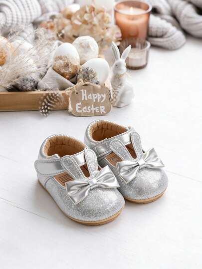 Cute Rabbit Ear Infant Girl Mary Jane Flat Shoes, Newborn Wedding Easter Dress Shoes, Pre-Walker Shoes