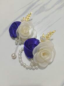1pc Boutonniere + 1pc Wrist Corsage, Champagne & Blue Dual Flower Decor, Elegant For Wedding, Banquet, Party, Bride, Bridesmaid, Daily Wear, Valentine's Day,Summer,Beach - 713 Purple + Rice - View 5