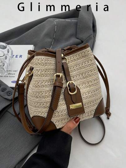 Retro Contrast Color Fashionable Versatile Commuter Shoulder Bucket Bag, New Spring/Summer Beach Vacation Casual Straw Crossbody Bag