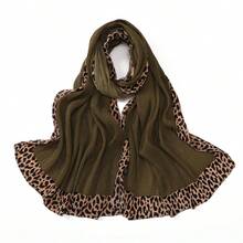 1pc Boho Style Women's Solid Color Hijab, With Leopard Print Border And Pleated Details, Suitable For All Seasons, Versatile, Can Be Used As A Scarf, Headwrap, Cape, Shawl, For Daily Wear Or Special Occasions, Can Also Be Used As A Clothing Accessory, Windproof And Sunscreen.,Beach,Holiday - Multicolor - View 12