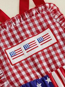 Toddler Girl 4th Of July Outfit Baby Girl American Flag Embroidery Striped Sleeveless Square Neck Romper Flared Jumsuit Cute Summer Clothes - 紅色 - 查看 4