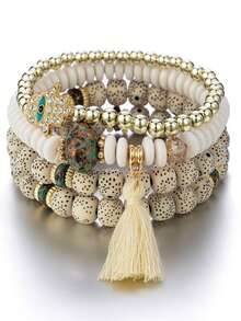 4pcs Boho Beaded Bracelet Set For Women, Hamsa Hand Evil Eye Charm, Summer Beach Vacation Jewelry - Beige - View 2