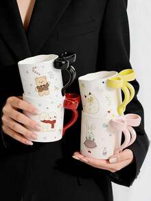 1 pieza Taza de cerámica creativa y linda con lazo 3D pintado a mano con esmalte, taza hecha a mano personalizada, regalo para amigos y novias, adecuada para oficina, hogar, cafetería, pastelería - Multicolor - Ver 5