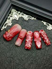 10pcs DIY Cute Baroque Y2K Shiny False Nails With Floral Decor, Handmade Square Long Glitter French Manicure Nails, Suitable For Valentine's Day, New Year Or Party Wear, For Women Holiday Use, Comes With Nail Glue Stickers And Nail File. - Đỏ và trắng - Xem 5