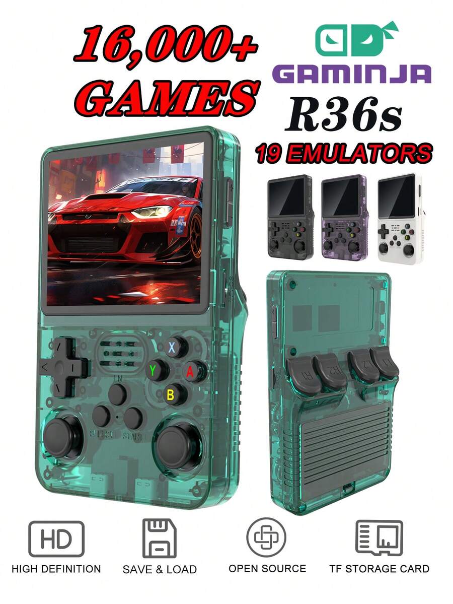 GAMINJA R36S Consolă de jocuri portabilă retro clasică cu sursă deschisă, ecran IPS de înaltă definiție de 3,5 inchi, sistem Linux, memorie încorporată de 64 GB, peste 16000 de jocuri, acceptă mai multe emulatori, player portabil de jocuri portabil