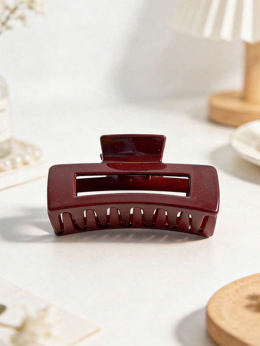 1pc Women's Minimalist Glossy Burgundy Square Hair Claw Clip, Casual Fashionable Elegant Cute Big Square Hollow 10.5cm Hair Claw, Versatile For Daily Wear, Bun Hairstyle, Won't Damage Hair - Multicolor - View 1
