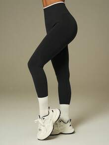 UONNOU 两件套女士无缝单肩露脐运动上衣+高腰塑形紧身裤套装，时尚健身瑜伽休闲服 - 黑色 - 查看 7