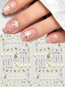 2 Pcs 3D Bees Daisy Florals Nail Art Stickers Elegant Elegant Daisy Flowers Lavender Insects Self-Adhesive Charms For Nails Spring Summer DIY Nail Art Design Manicure Decoration - Multicolor - View 2