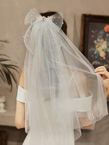 白色双层弹力网纱蝴蝶结新娘头纱，手工缝制珍珠薄纱婚礼派对旅行摄影配饰 - 白色 - 查看 6