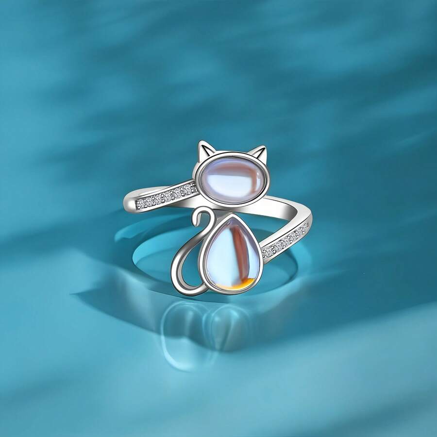 Anillo abierto ajustable con diseño de gato con piedra lunar, anillo de moda con forma de animal de piedra preciosa sintética minimalista - Plateado - Ver 1