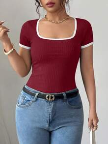 Women's Summer Short Sleeve T-Shirt Ribbed Knitted Square Collar Matching Color Slim-Fit Basic Base Casual Short Top - Wine Red - View 3