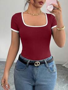 Women's Summer Short Sleeve T-Shirt Ribbed Knitted Square Collar Matching Color Slim-Fit Basic Base Casual Short Top - Wine Red - View 1