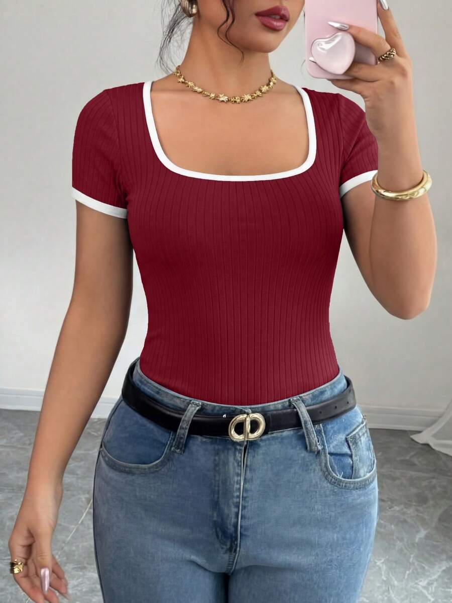 Women's Summer Short Sleeve T-Shirt Ribbed Knitted Square Collar Matching Color Slim-Fit Basic Base Casual Short Top - Wine Red - View 1