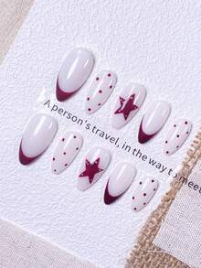 10pcs Handmade Cream White & Burgundy Star Nail Stickers Set (Small/Medium/Large): Cream White Base With Burgundy French Tips, Polka Dots And 3D Star Studs, Sweet And Neutral Style, Fine Glossy Texture, Suitable For Daily Outings, Light Fashion Social Occasions, Reusable, Pearl White Base With Navy Blue French Tips And Polka Dots - Red - View 5