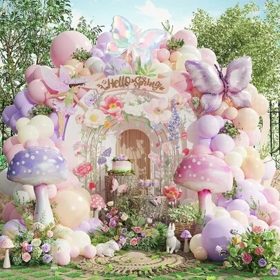 124 piezas Conjunto de decoración de arco de globos de cuento de hadas, globos de papel de aluminio con diseños de setas, mariposas en rosa, morado y blanco, decoración para fiesta de cumpleaños, baby shower, primavera, jardín y té de niñas
