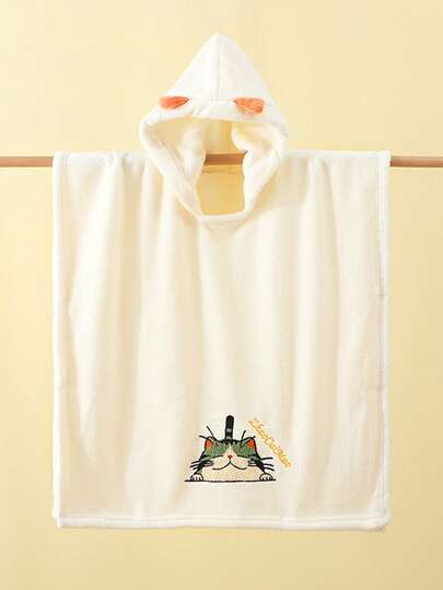 1件珊瑚绒可爱刺绣柔软吸水可穿戴浴巾/浴袍/披肩，适合户外使用