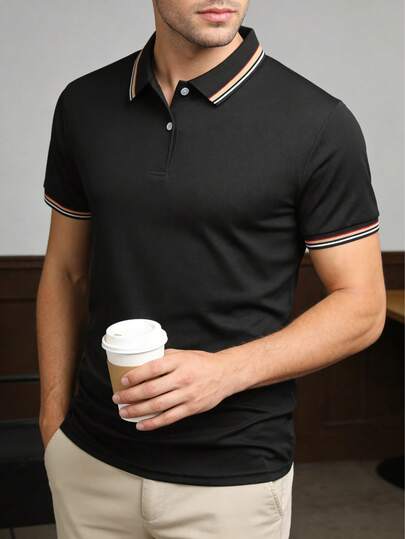 Men's Short Sleeve Polo Shirt, Solid Color Casual Sports Tee Shirt For Summer Black