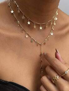 Vintage Star Tassel Long Necklace, Minimalist Elegant Geometric Metal Style Choker Chain - Star Pendant Necklace - View 2
