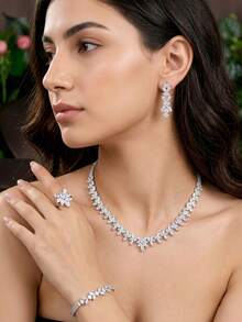 1 Set Romantic Cubic Zirconia Leaf Decorated Jewelry Set, Perfect For Women's Graduation Ceremony - Silver - View 8
