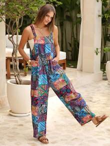 Bohemian Women's Loose Floral Bib Overall Jumpsuit With Pockets Patchwork Wide Leg Adjustable Strap Beach Vacation Outfits Summer - 藍色 - 查看 4