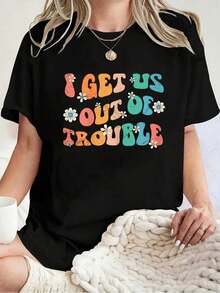 100% Algodón Unisex, Conjunto "I Get Us Out Of Trouble" para Mejores Amigos, Camiseta Retro Groovy, Camiseta de Manga Corta con Cuello Redondo Estampado - Negro - Ver 1