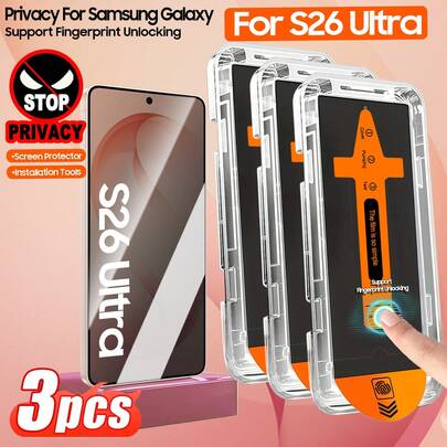 ZYONS 3 piezas Protector de pantalla de privacidad para la serie Galaxy S, compatible con desbloqueo de huella digital en 0,2 s, incluye herramientas de autolimpieza y autoinstalación, compatible con Galaxy S26 Ultra/S26+/S26/S25 Ultra/S25+/S25/S24 Ultra/24 Plus/24/23/22/21, vidrio templado antirreflectante a 25°, cobertura completa, antihuellas, antirrayas, sin burbujas, regalo de cumpleaños para familiares y amigos, protector de pantalla de teléfono, accesorios de teléfono (requiere volver a registrar la huella digital para el desbloqueo de huella digital)