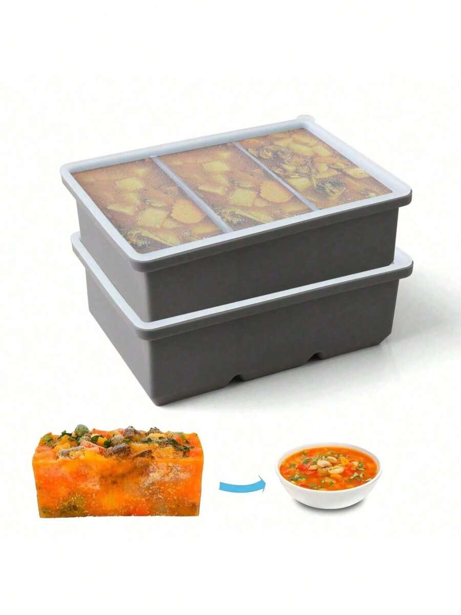 1/2个装简约实用硅胶托盘，带盖，可重复使用，大容量1杯，适用于汤、炖菜、酱汁，可用洗碗机清洗，厨房小工具，可作冰格，适合作为新年、情人节、母亲节、父亲节、夏季、毕业季、返校季礼物。