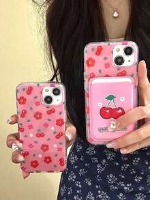 1 pieza Funda de teléfono con flor de cerezo magnética rosa + Soporte de tarjeta de cuero PU magnético Funda de teléfono a prueba de golpes TPU apta para iPhone11/12/13/14/15/16/17/PROMAX - Rosa - Ver 1