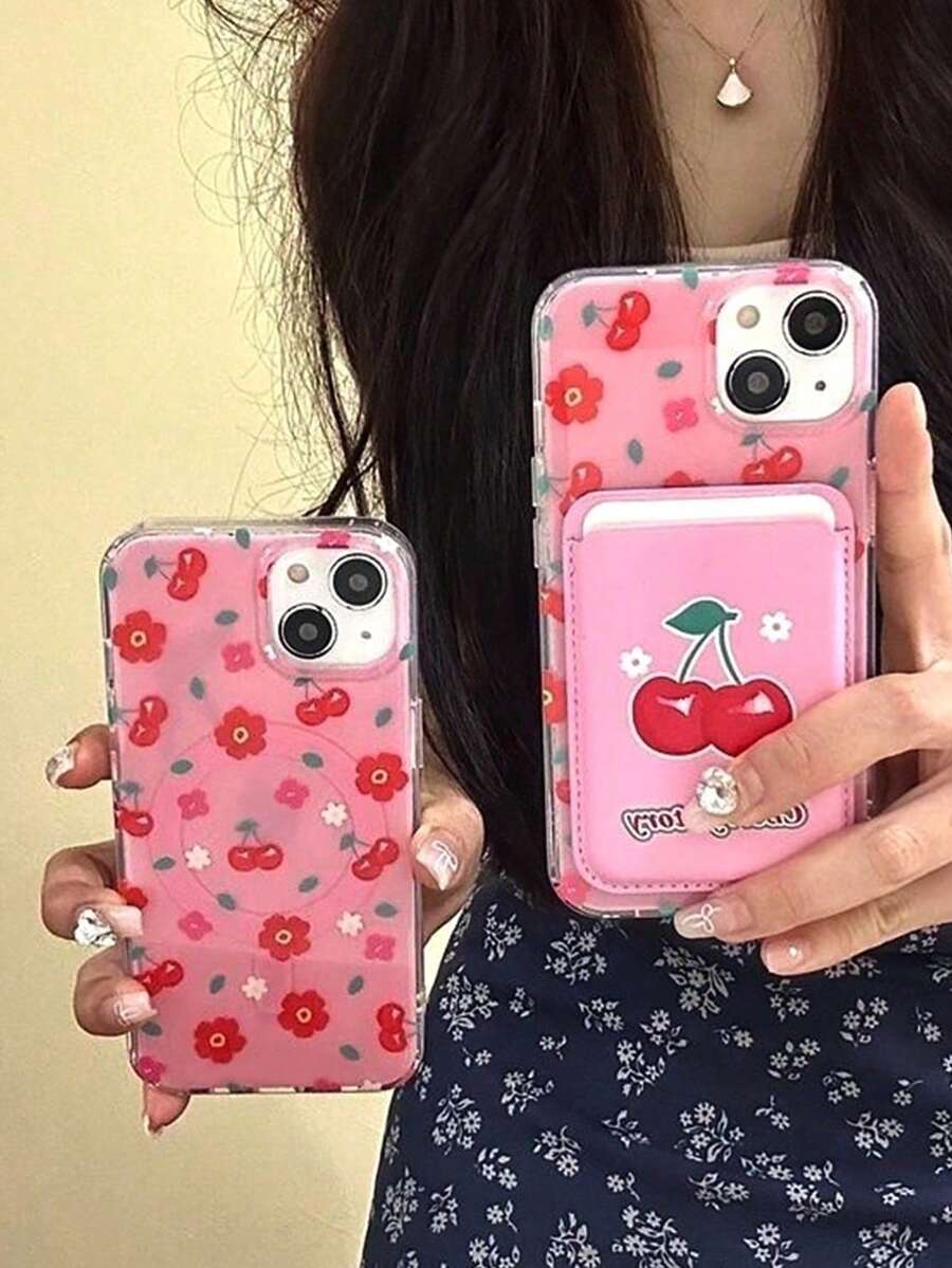 1 pieza Funda de teléfono con flor de cerezo magnética rosa + Soporte de tarjeta de cuero PU magnético Funda de teléfono a prueba de golpes TPU apta para iPhone11/12/13/14/15/16/17/PROMAX - Rosa - Ver 1