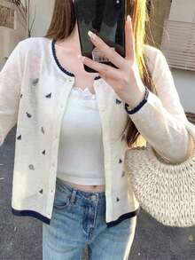 Cropped Long Sleeve Cover Up Lightweight Jacket Hollow Out Knit Sweater For Women, Casual Sweet Style With Frill Trim, Spring/Summer - Apricot - View 7