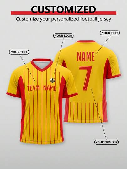 1 pieza Camiseta personalizada del club de fútbol de la Ligue 1, esquema de colores rojo y amarillo. Personalizable con número y nombre. Adecuado como regalo para ver un partido, regalo del Día del Padre o atuendo de celebración.
