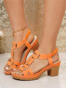Sandal Wedges Platform Gesper Warna Solid Retro Wanita Ukuran Besar, Sepatu Pantai, Sepatu Musim Panas - Jeruk - View 3