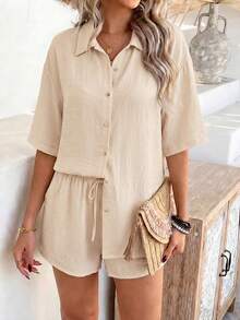 PoPoHouse 女士两件套夏季套装，波西米亚风休闲时尚装，度假沙滩套装，卡其色短袖衬衫和短裤套装，女士假日服装 - 淺卡其 - 查看 5