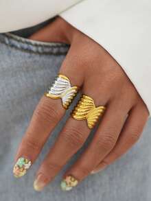 Frminee 2枚/1枚 粗款女士18K镀金不锈钢戒指，个性戒指饰品，防水可叠戴戒指 - 彩色 - 查看 2