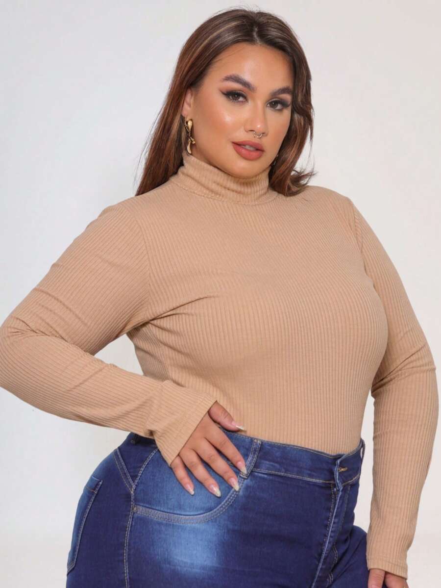 Cacharrel Women's Plus Size Blouse, High Neck, Long Sleeve, Warm Winter - Apricot - View 1