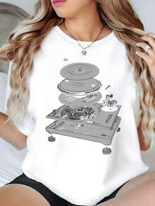 Recreación creativa de una tornamesa vintage vista en forma de esquema técnico que simboliza la conexión entre música y precisión mecánica camiseta de mujer casual moderna 220g - Blanco - Ver 8