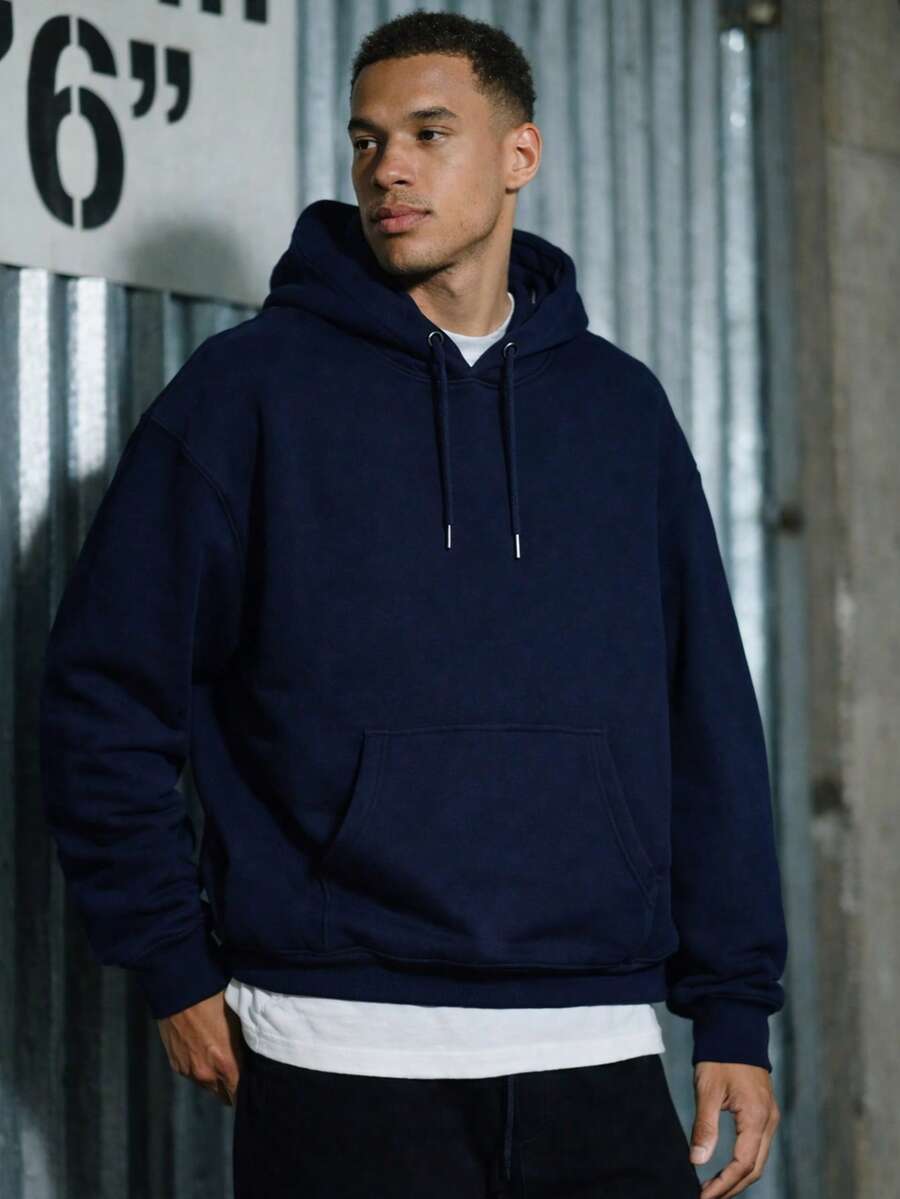 Men's Plain Oversized Kangaroo Hoodie With Hood And Front Pocket | Casual Streetwear Comfortable Winter Loose Fit Drawstring Pocket - 藏蓝色 - 查看 1