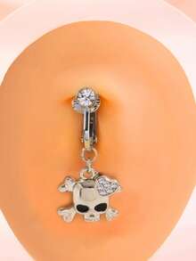 1 pieza Anillo de ombligo falso con colgante de calavera de diamante de imitación, joyería corporal sin perforación adecuada para mujeres, uso diario y fiesta de Halloween - pinza para el ombligo - Ver 9