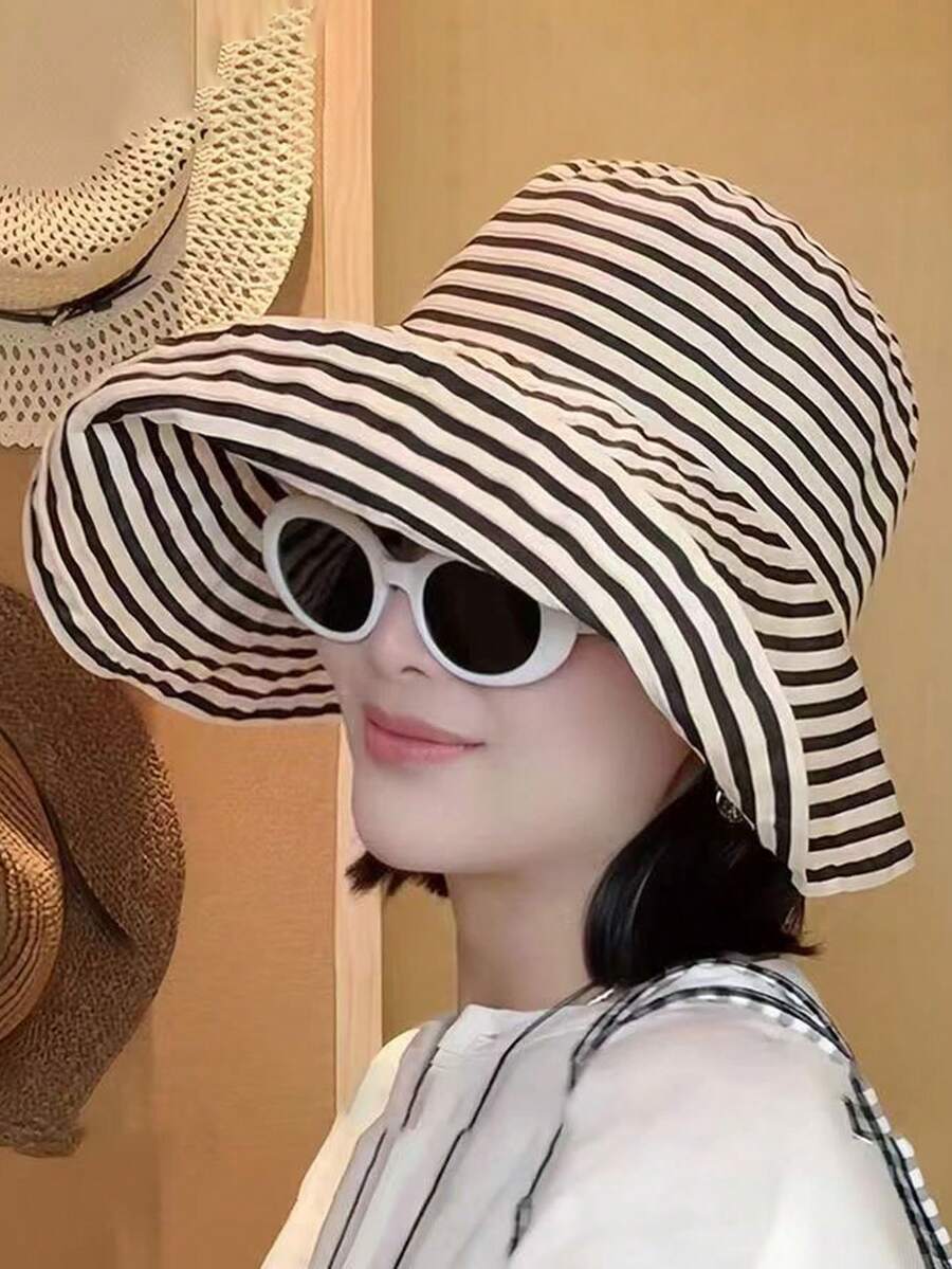 Mũ xô sọc gấp gọn mùa hè, mũ chống nắng vành rộng mới về dành cho nữ, mũ thời trang vành rộng bằng polyester in họa tiết, chống gió và tia UV, thích hợp cho mùa xuân/hè. - mũ - Xem 1