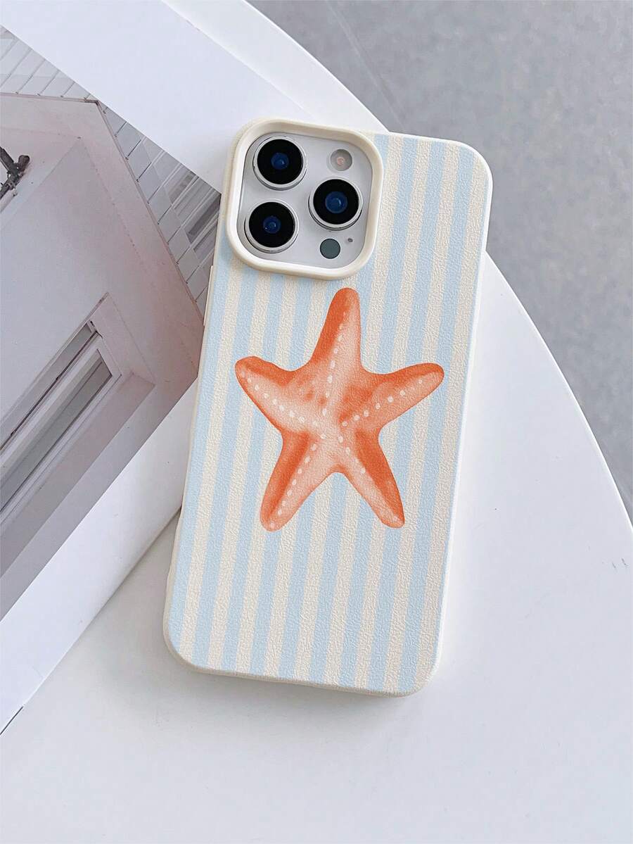 1个乳白色皮革纹理防震TPU手机保护壳，时尚条纹和海星图案UV印刷，适用于 7/8/7 Plus/8 Plus/X/XS/XR/XS Max/11/11 Pro/11 Pro Max/12/12 Pro/12 Pro Max/12 Mini/13/13 Pro/13 Pro Max/13 Mini/14/14 Pro/14 Pro Max/14 Plus/15/15 Pro/15 Pro Max/15 Plus/16/16 Pro/16 Pro Max/16 Plus/17/17 Pro/17 Pro Max/Air - 彩色 - 查看 1