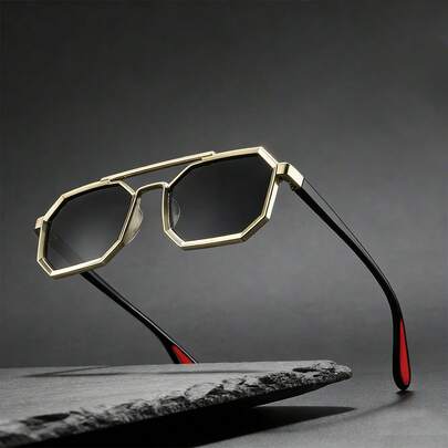 1副男女通用大框金色多边形时尚太阳镜，防紫外线，复古飞行员款式，撞色镜腿，海滩度假风