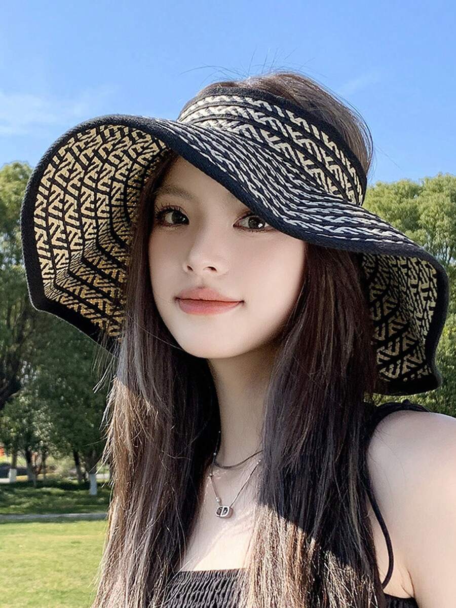 Mũ rộng vành gấp gọn dành cho nữ, mũ xô thoáng khí chống tia UV mùa hè mới, mũ chống nắng kẻ sọc bằng polyester kiểu dáng thường ngày. - mũ - Xem 1