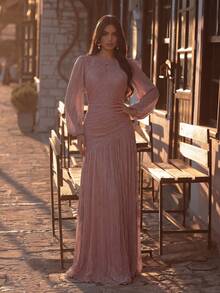 Solessence Elegant Round Neck Formal Evening Dress With Front Slit Design, Suitable For Wedding Reception, Gala, Anniversary Celebration And Formal Party - Dusty Pink - View 9