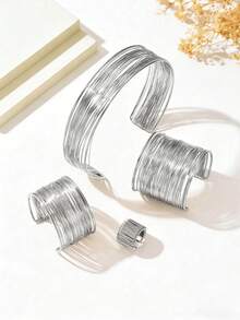 1套4件裝復古個性誇張金屬線繞編項鍊手鍊戒指開口可調節珠寶套組，適合女孩日常配戴、度假與派對 - 銀色 - 查看 3