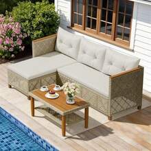 Devoko Patio Furniture Set 3 Piece Outdoor Sectional Sofa Hollow Rattan Patio Seating Sofa With Coffee Table And Ottoman For Deck Porch Poolside - 淺褐色的 - 查看 7